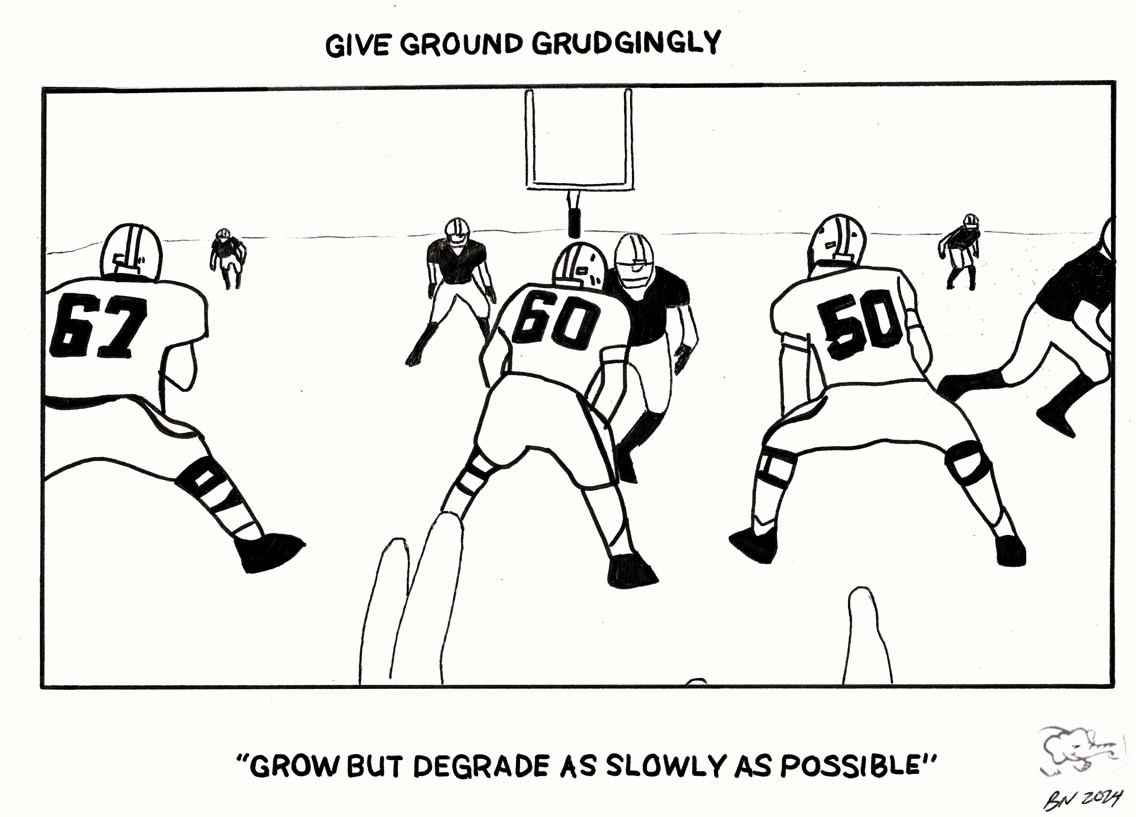 A quarterback stands poised behind his offensive linemen, who are slowly giving ground to protect him. This image visually represents Ben Horowitz's concept of "Give Ground Grudgingly" from "The Hard Thing About Hard Things." Drawing by Brian Nwokedi.